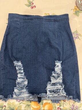 Fashion Nova Dark Blue Distressed Denim Mini Skirt